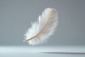 Delicate white feather softly floating against a neutral background in calm amb, a Photo by AlyaAnd