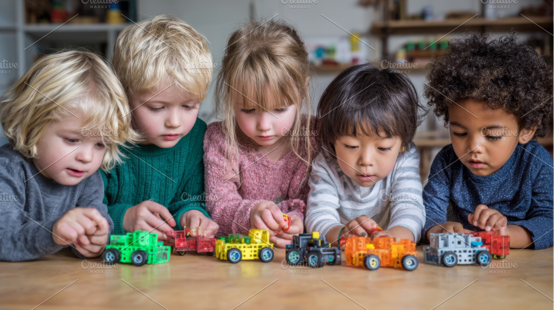 Children Playing with Colorful Magnetic Building Toys, an Abstract Photo by Natalia Klenova's Shop