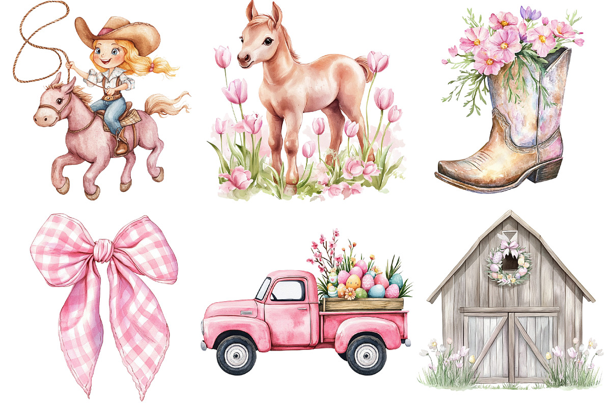 Vintage Pink Easter Western Clipart, a Seasonal Illustration by DreamArtGraphic (Photo 2 of 4)