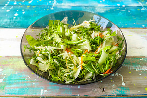 Fresh green microgreen salad on a light blue plate. A natural and organic conce, a Food & Drink Photo by Eugene_Photo