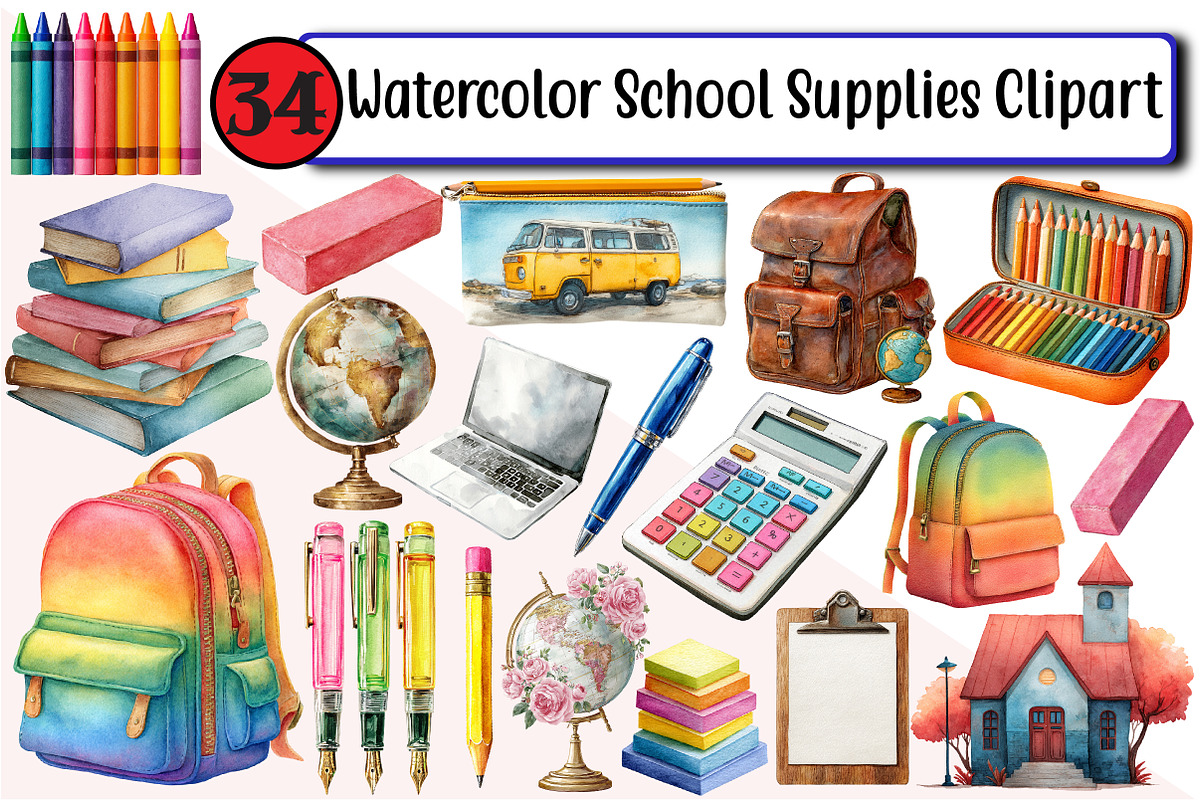 Watercolor School Supplies Clipart, an Illustration by Design Market (Photo 1 of 3)