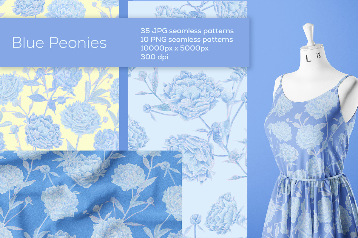 Blue Peonies seamless patterns, a Pattern Graphic by ANAKOTO (Photo 3 of 16)