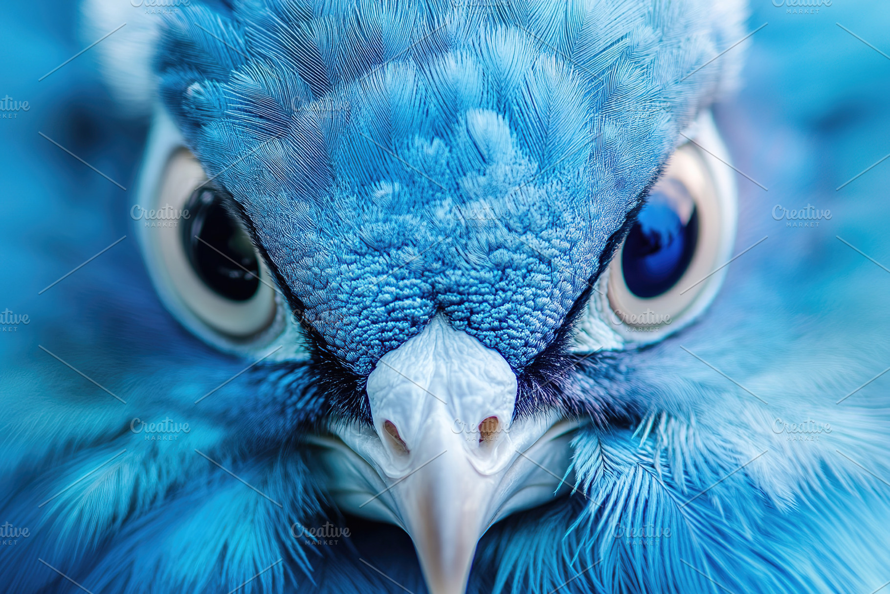 Vivid close-up of a striking blue bird with intense eyes, an Abstract Photo by AlyaAnd