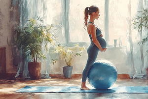 Pregnant woman performs yoga on a balance ball in a peaceful home setting, an Illustration by AS photostudio