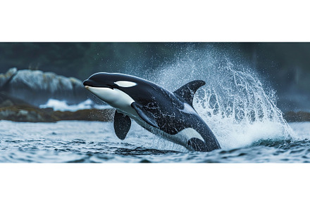 jumping orca in summer ocean waters, an Animal Photo by Neirfy