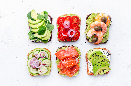 Avocado sandwiches or toast set: with salmon, shrimps, tomatoes,, a Food & Drink Photo by 5PH