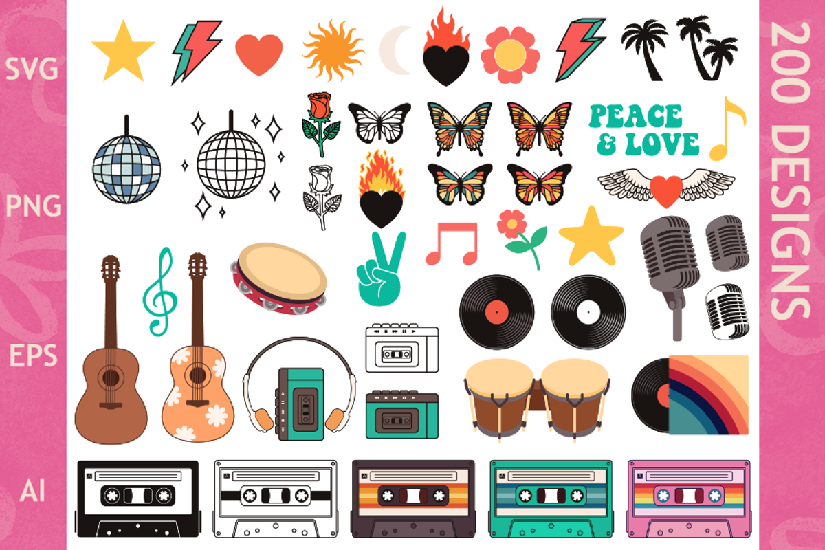 200 Retro Clipart & Cut Files,Hippie, an Object Graphic by Doodle Cloud Studio (Photo 2 of 4)