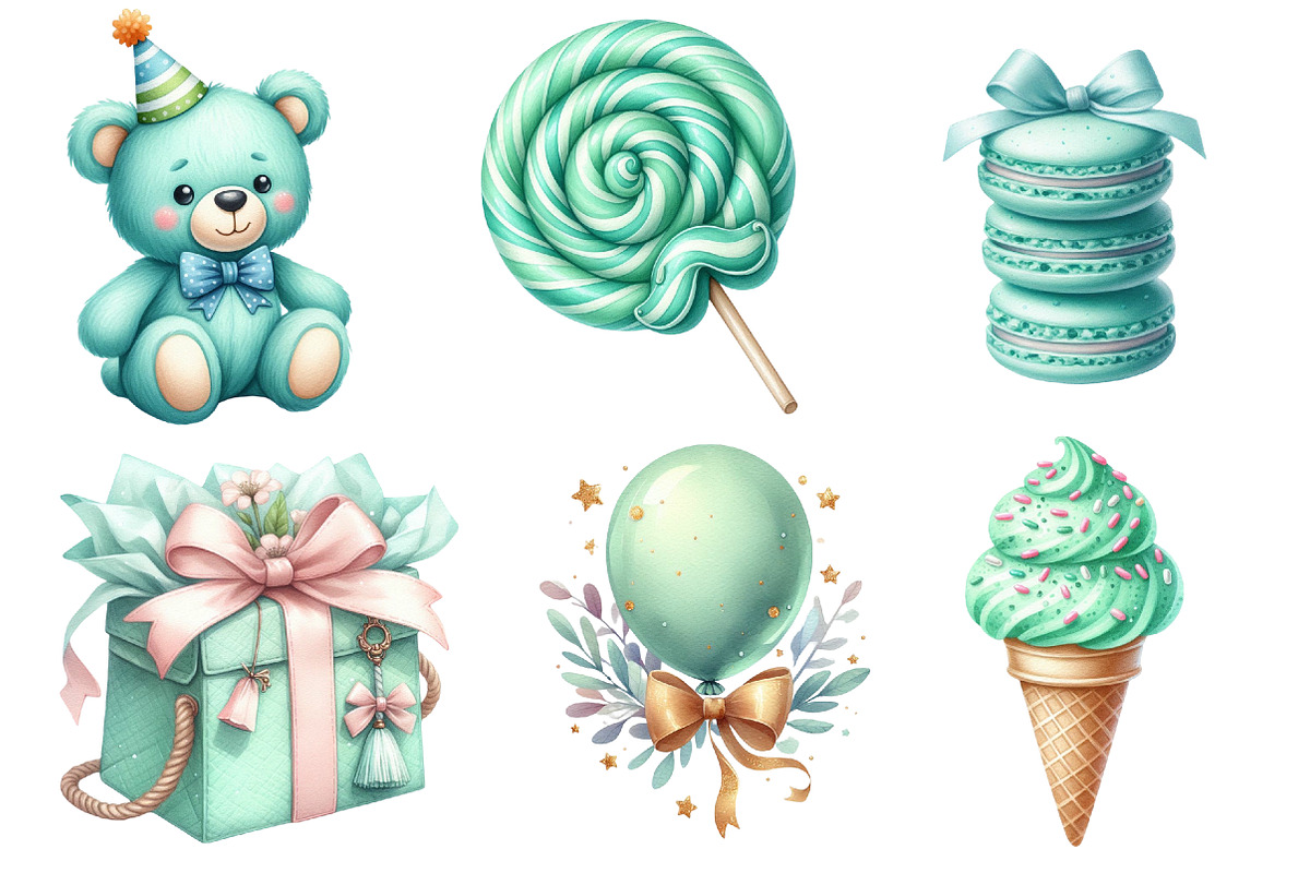 Watercolor Mint Green Birthday PNG, an Illustration by SinaCreation (Photo 3 of 5)