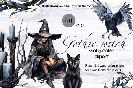 Gothic witch watercolor clipart set, a Seasonal Illustration by NightDesign