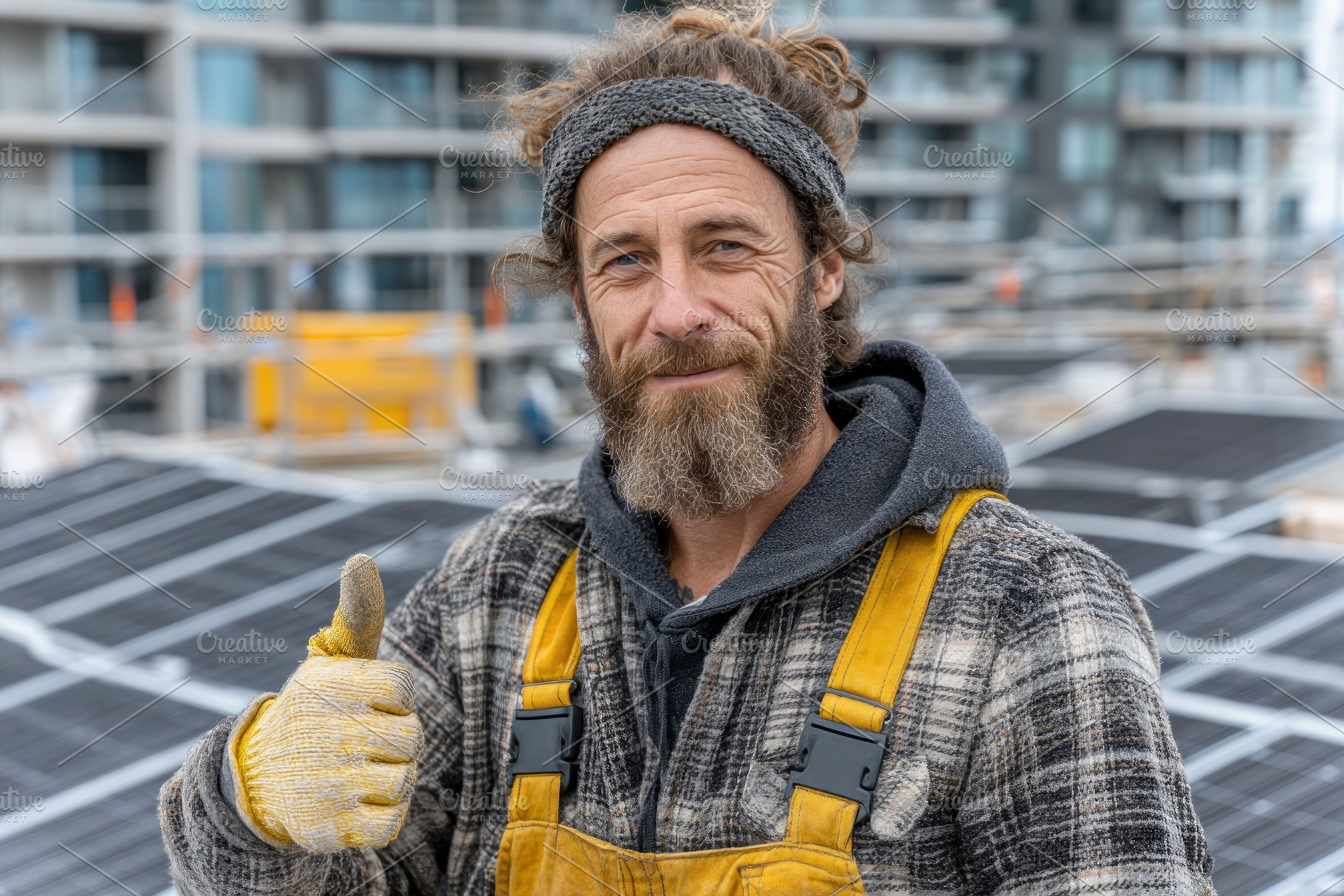 Confident solar panel installer with beard and headband giving t, a Person Photo by José Manuel Gelpi