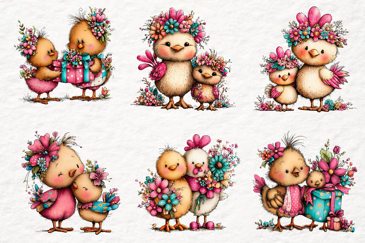 Whimsical Mothers Day Chickens, an Animal Illustration by Watercolor design (Photo 3 of 6)