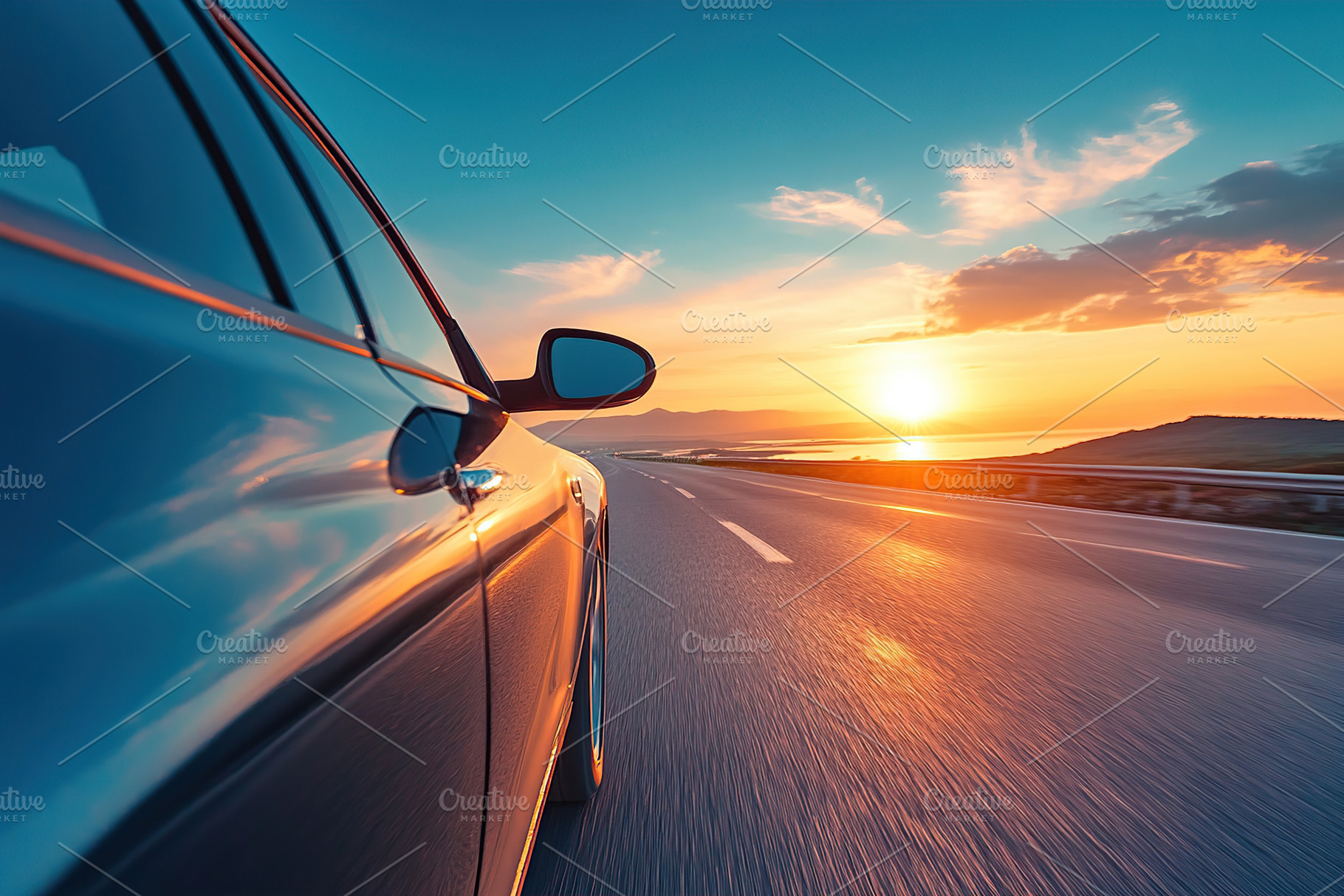 Scenic sunset drive along a coastal road with ocean views and vibrant sky color, a Transportation Photo by AlyaAnd