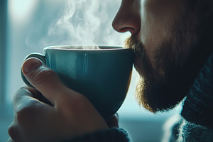 Sleepy man drinking hot coffee while having breakfast early in the morning, a Food & Drink Photo by AlyaAnd
