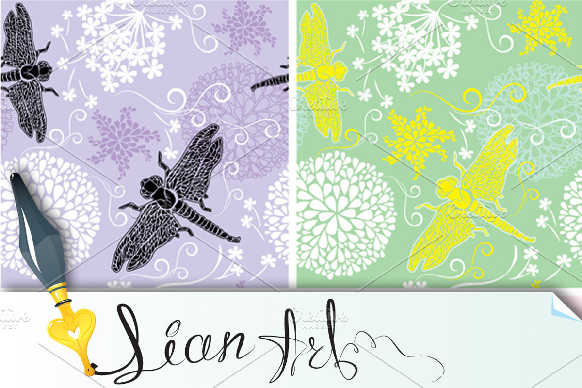4 patterns with flower and dragonfly