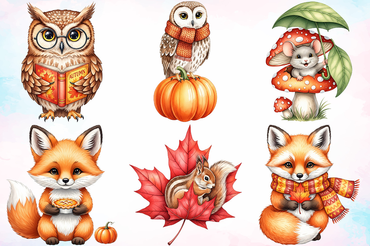 Watercolor Autumn Animals Clipart, a Seasonal Illustration by Canvas Craft (Photo 4 of 9)