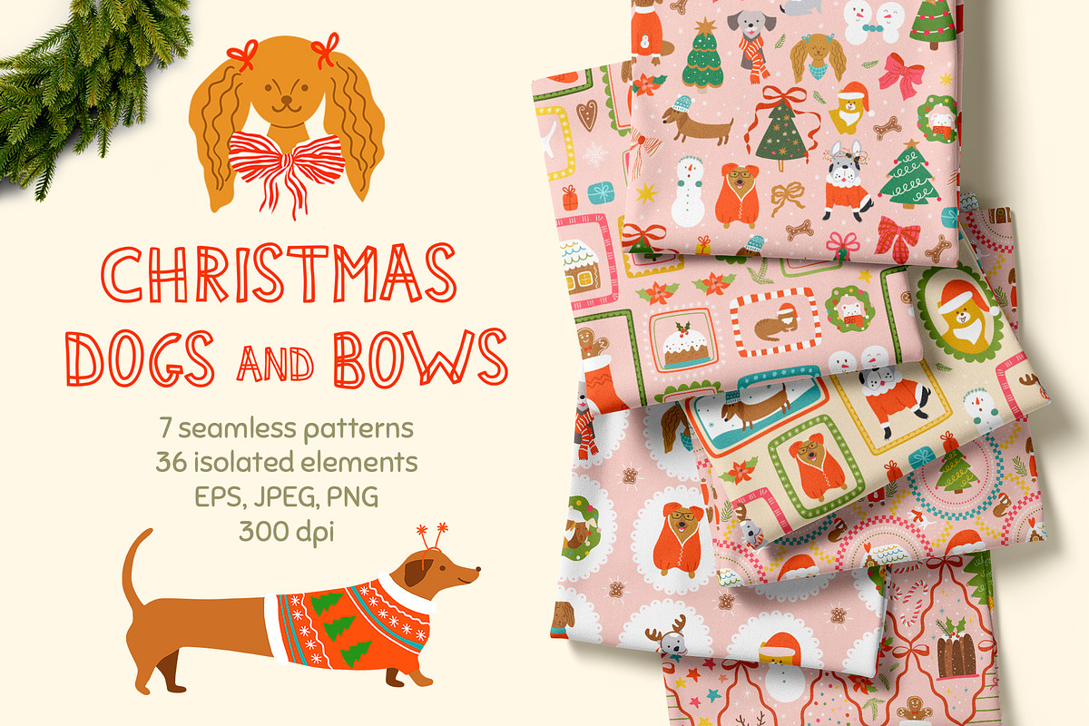 Pink Christmas dogs & bows, a Pattern Graphic by Tani Kuzminka (Photo 1 of 15)
