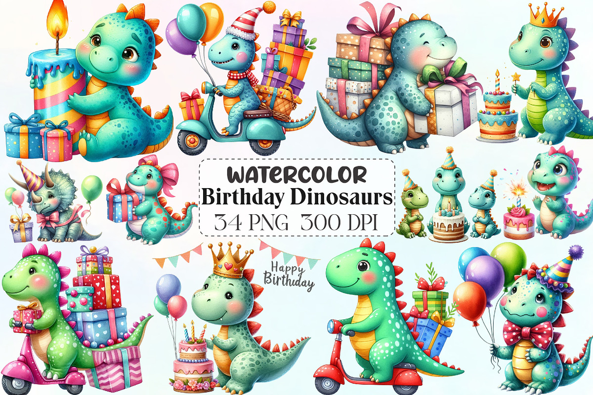 Cute Birthday Dinosaurs Clipart, an Illustration by CraftArtStudio (Photo 1 of 6)