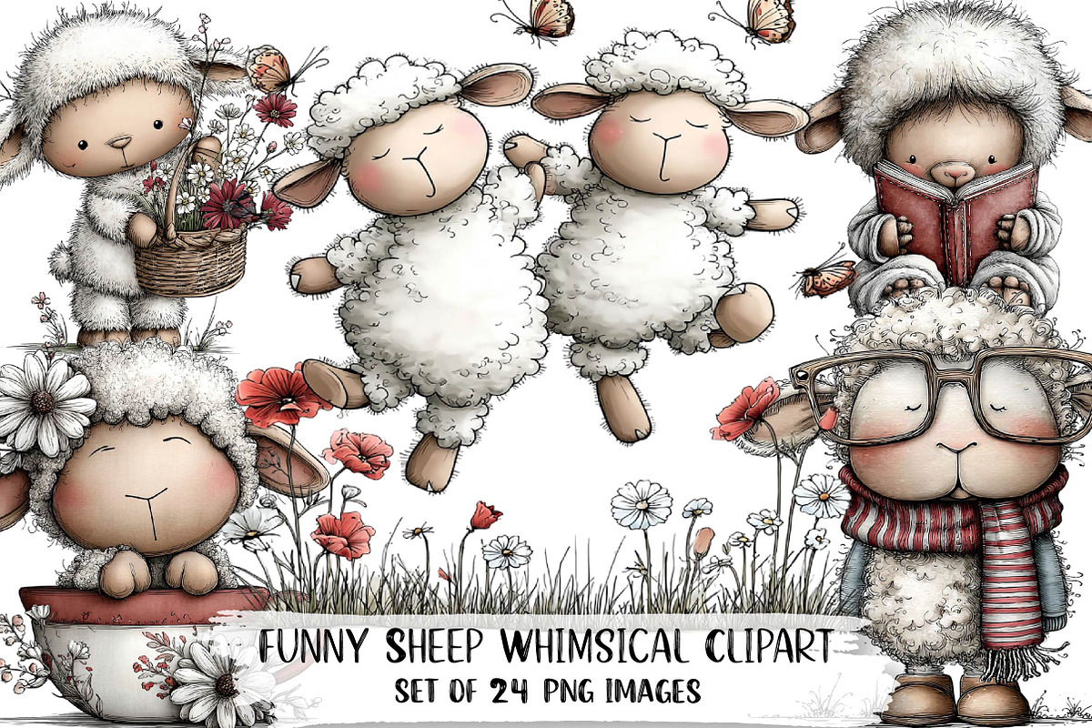 Funny Sheep - Whimsical Clipart, an Illustration by DreamPrint404 (Photo 1 of 5)