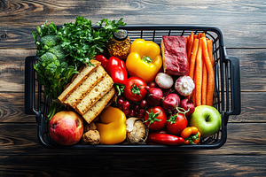 Top view of shopping basket full of different grocery products on wooden backgr, a Food & Drink Photo by AlyaAnd