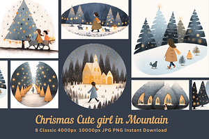 8 Christmas cute girl grey trees, a Seasonal Illustration by ARTOZEN DIGITAL