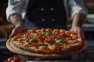 Male chef with hot pizza in restaurant, a Food & Drink Photo by AlyaAnd