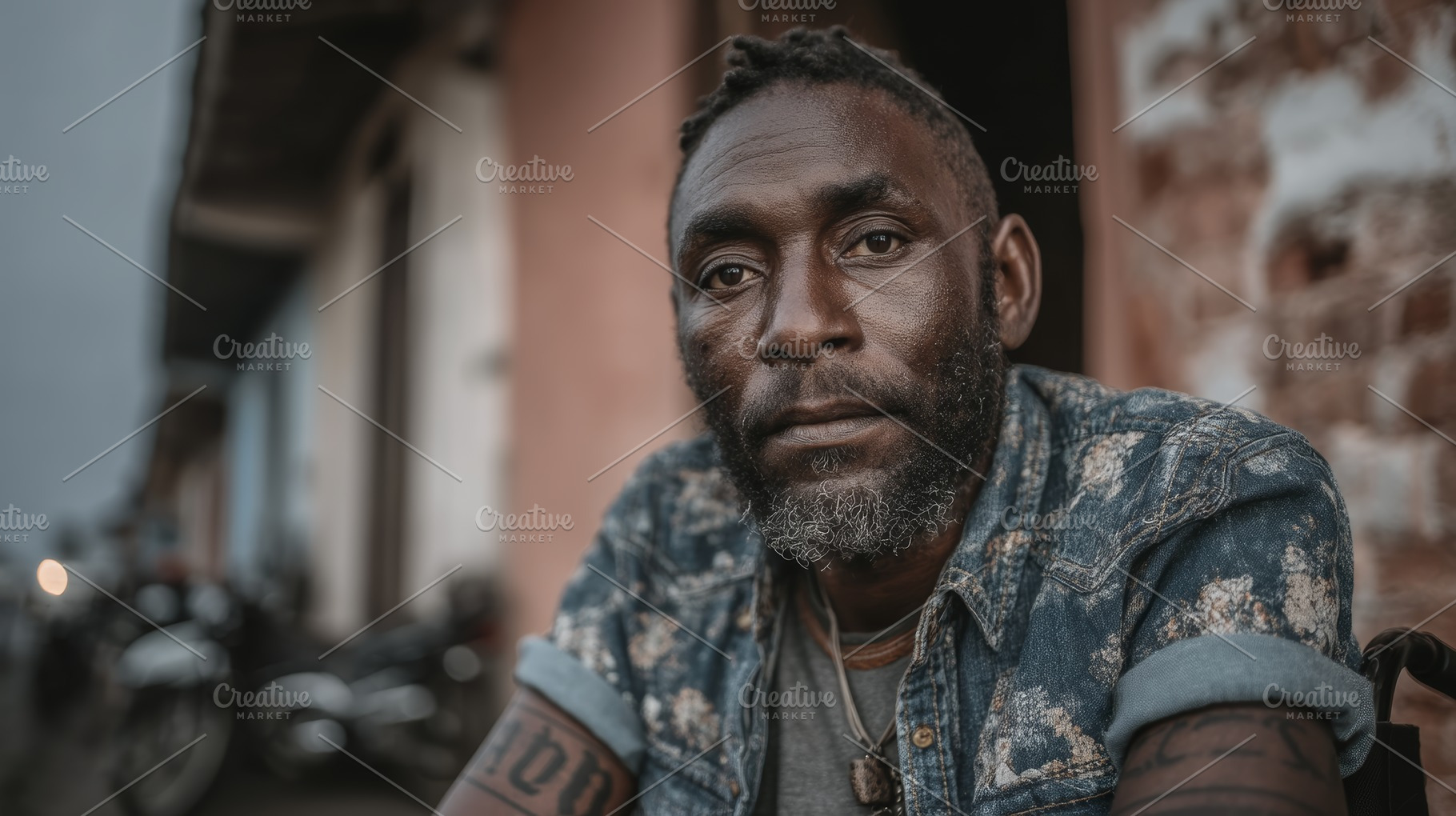 Black man in denim shirt sitting outdoors with a pensive expression, a Photo by AS photostudio