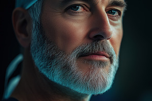 A close-up portrait of a mature neurosurgeon male surgeon wearing a surgical ca, a Person Photo by Textures & Backgrounds