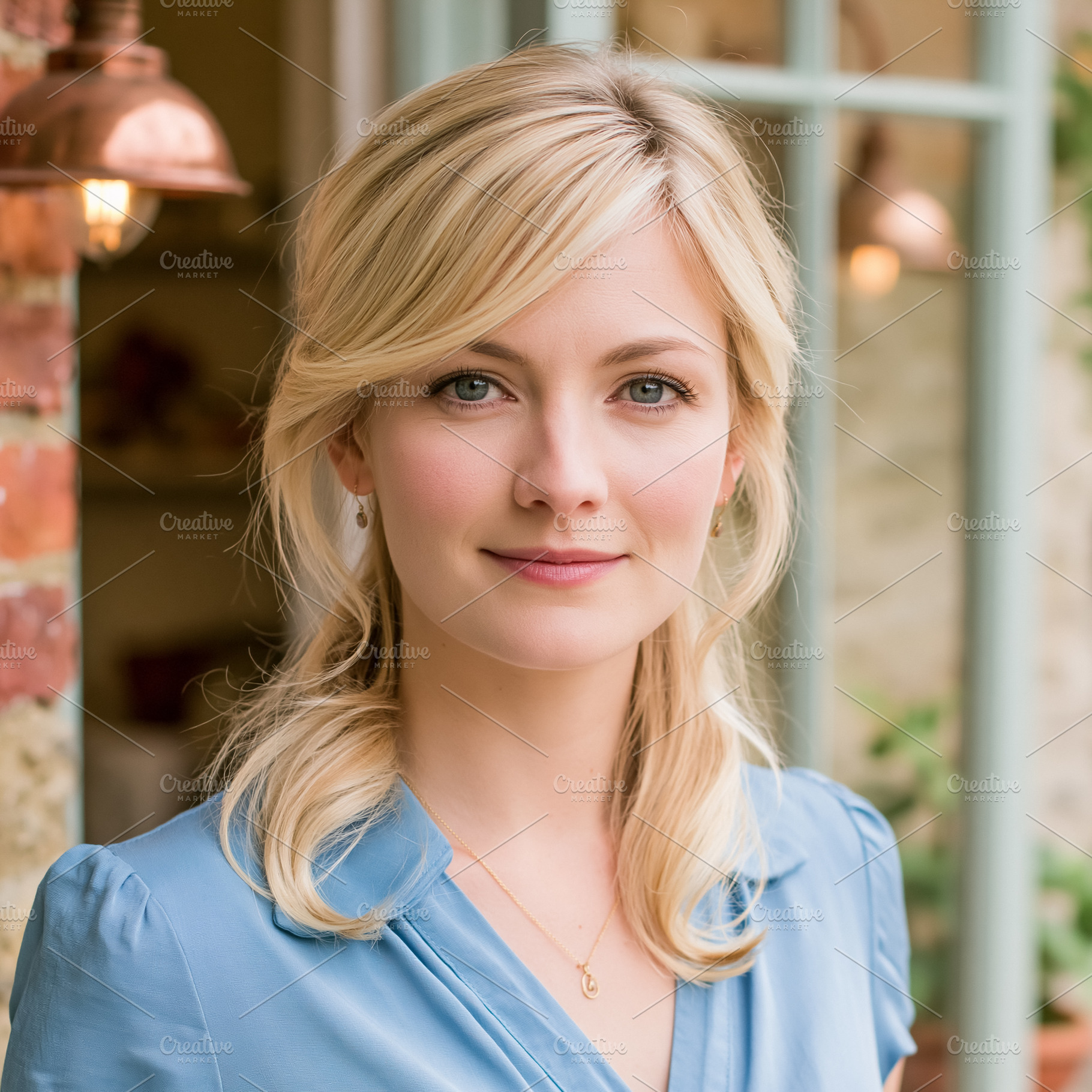 Young blonde woman smiling, looking at camera with serene expres, a Person Photo by Studio ANNA