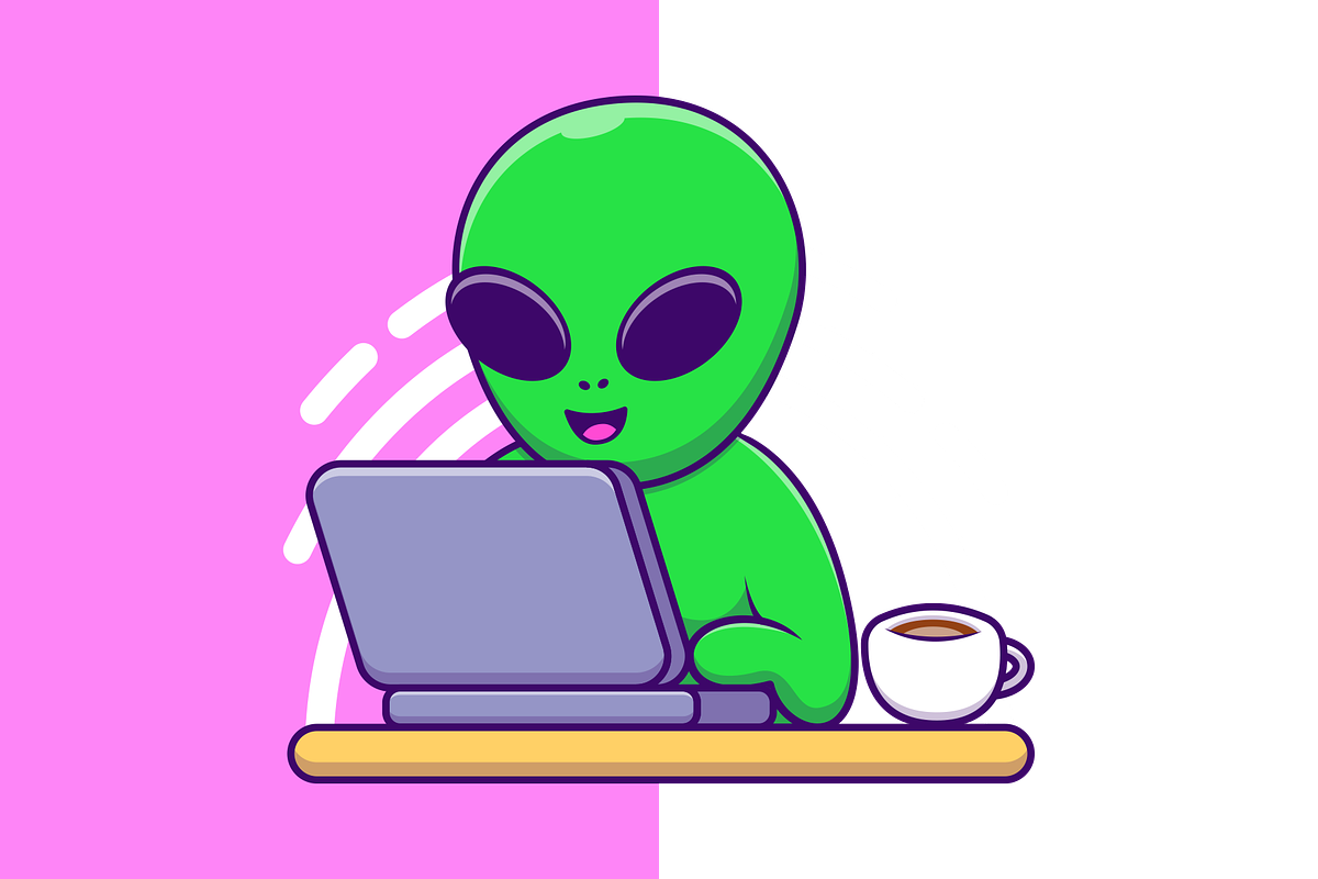 Cute Alien Working On Laptop Cartoon, a Work Illustration by Artstorystudio (Photo 2 of 3)