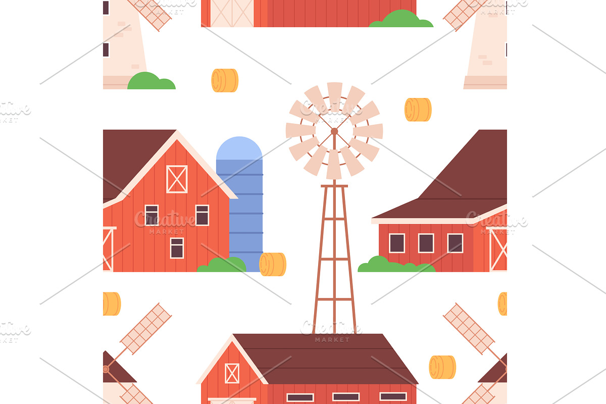 Countryside farm buildings seamless, an Object Illustration by LadadikArt