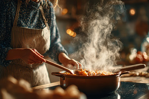 Woman cooking delicious stew in rust, a Photo by Pixeness Studio