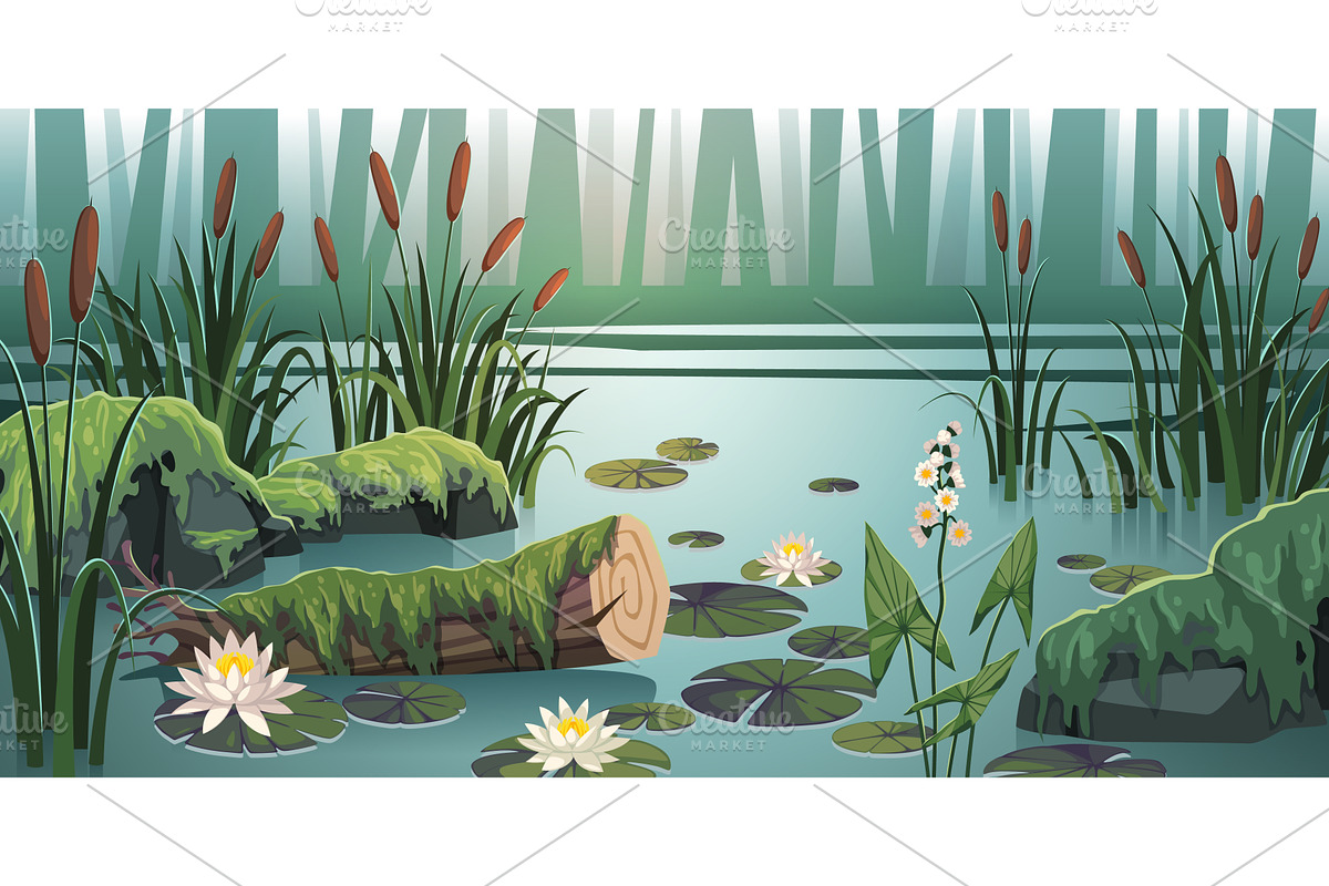 Pond landscape. Swamp, lake location, an Object Illustration by YummyBuum