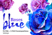 Blue Roses Watercolor Set, an Illustration by denisespinoza (Thumbnail 1 of 5)