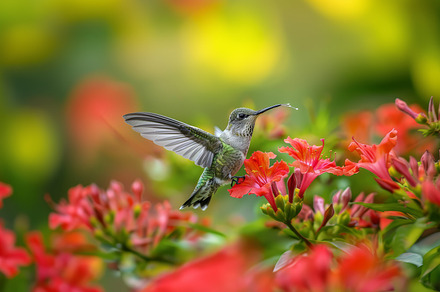 Ruby-throated hummingbird sipping nectar from vibrant red flowers, a Photo by AS photostudio