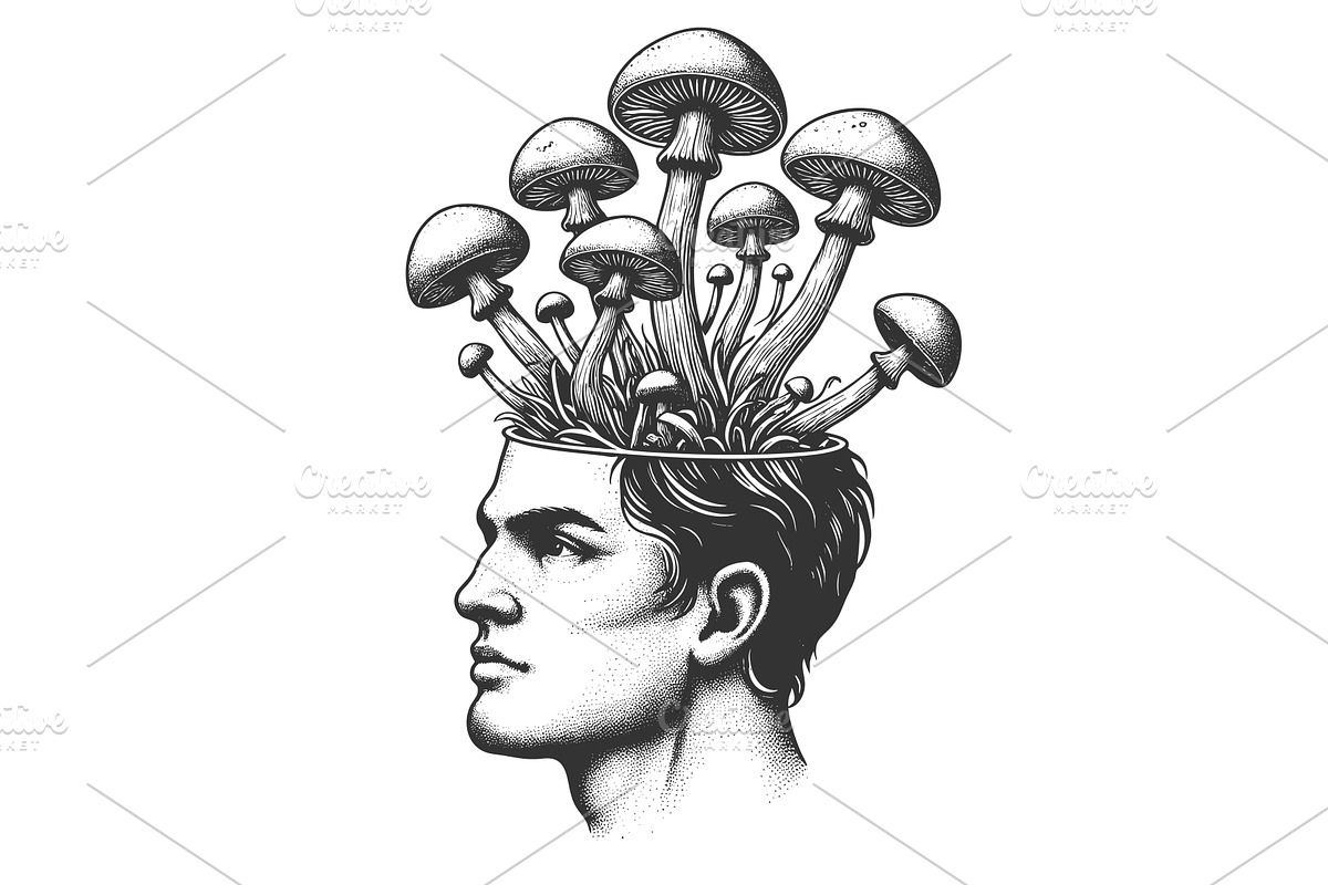 Man with Mushrooms Growing from Head, a Person Illustration by AlexArt