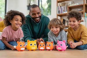 Kids playing with colorful toys while sharing laughter in a bright living room, a Photo by AlyaAnd