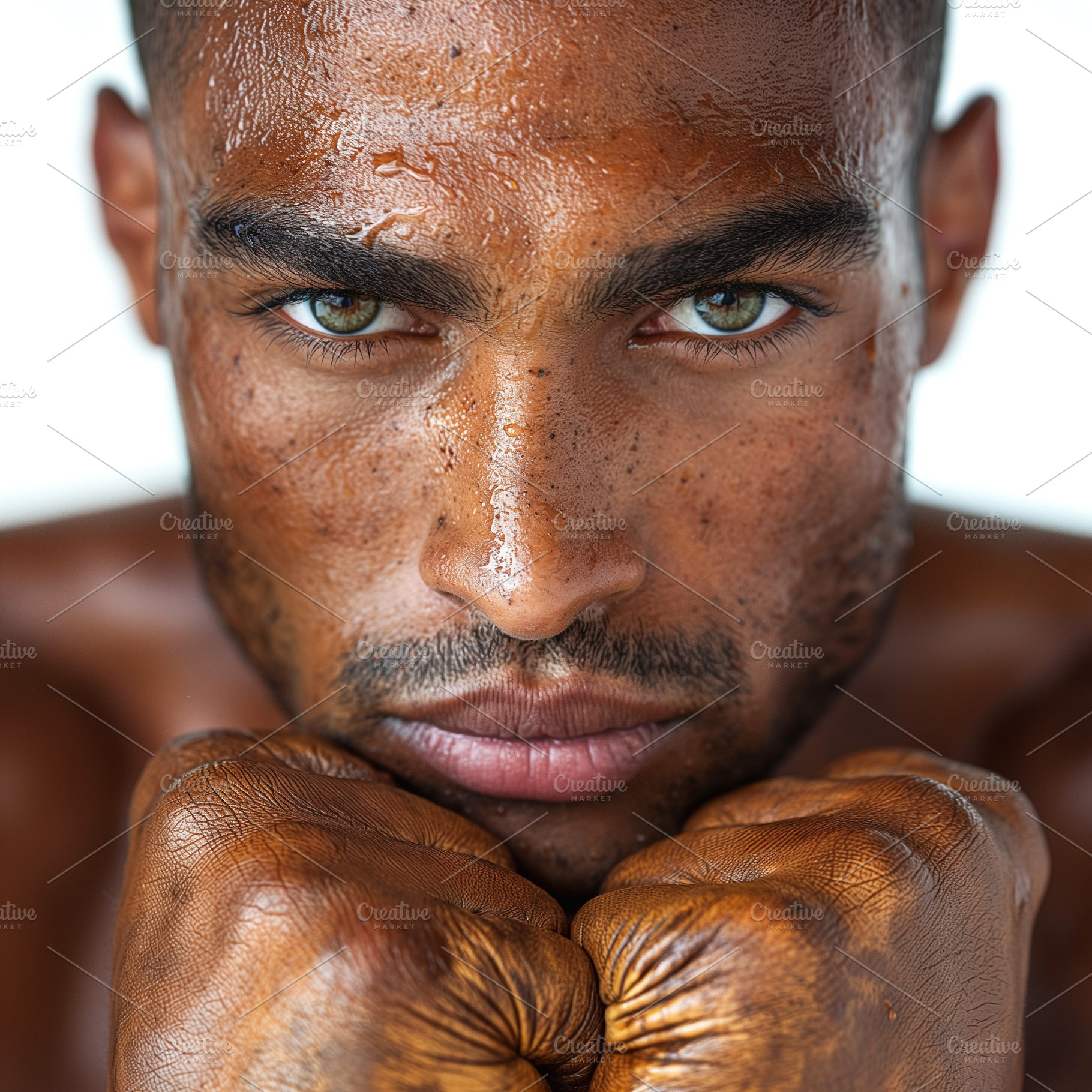 Portrait of a young athletic Black male with striking green eyes and a focused, a Person Photo by ImageMir