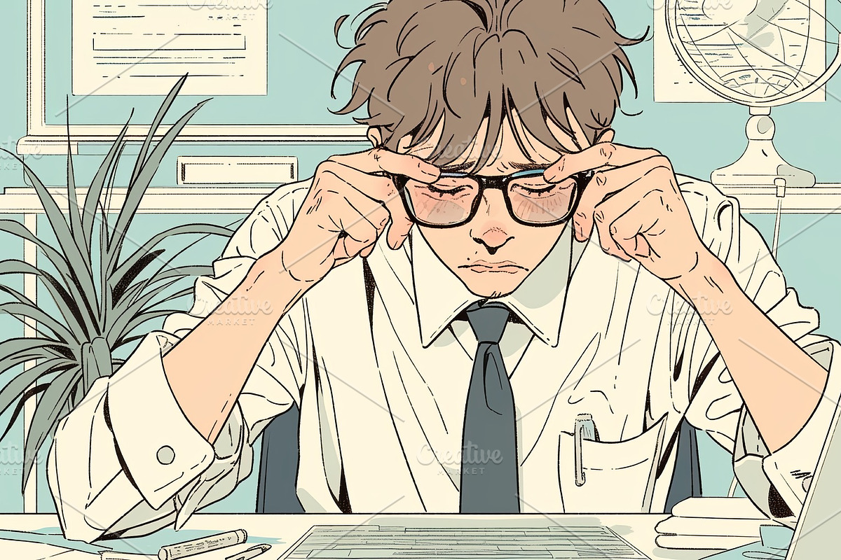 Frustrated office worker adjusting glasses while working at desk in an office, an Illustration by AS photostudio