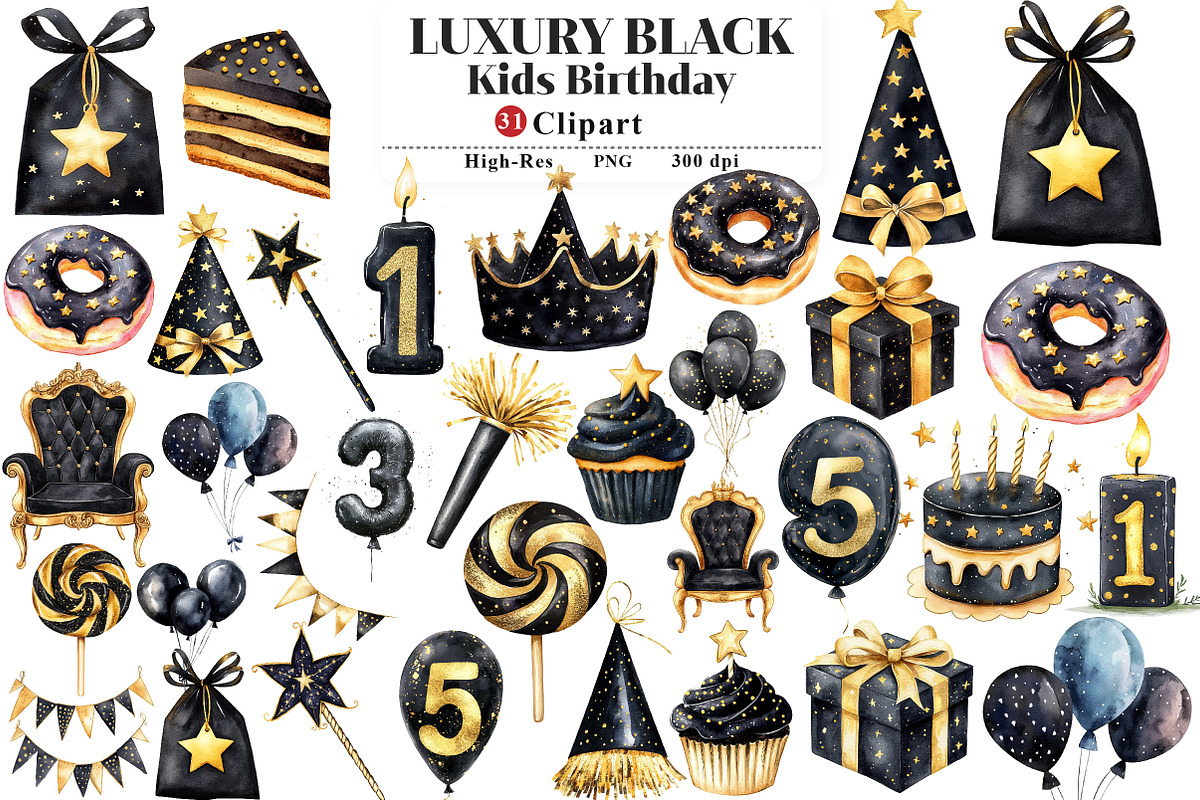 Luxury Black Kids Birthday Clipart, an Illustration by Watercolor design