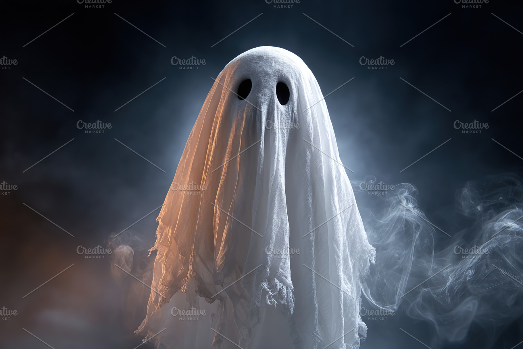 Ghostly figure appears in dark mist at a spooky Halloween night gathering, a Photo by AlyaAnd