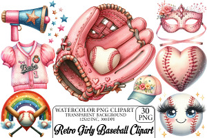 Retro Girly Baseball Clipart, an Illustration by DreamPrint404