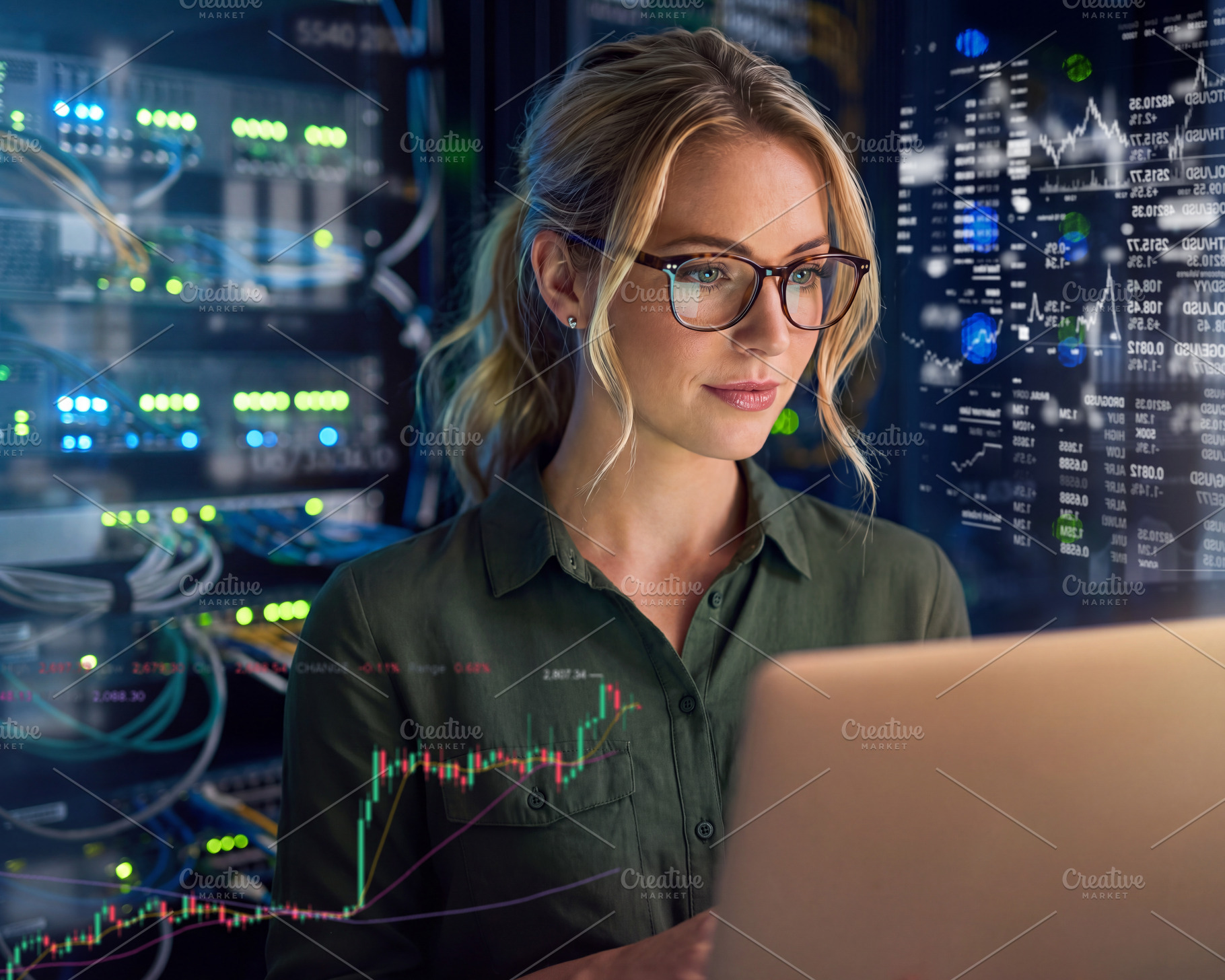 Professional female IT engineer (blonde woman in glasses) workin, a Technology Photo by Volff