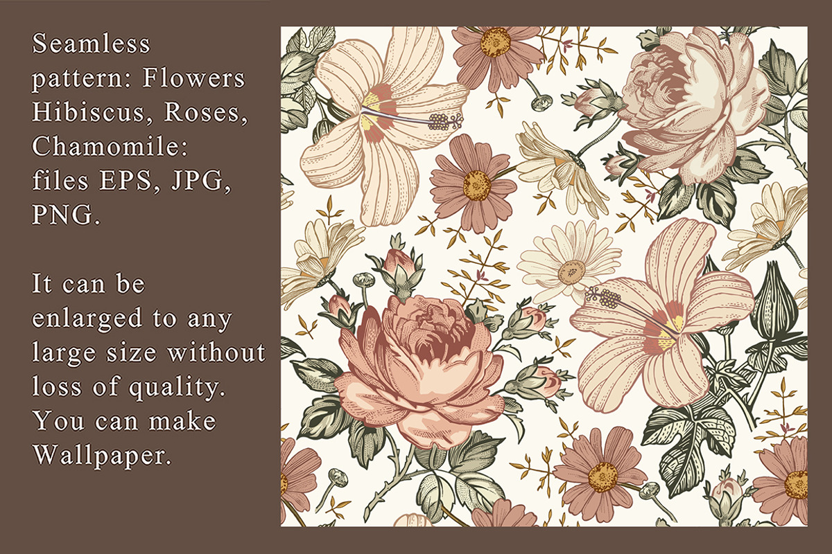Set Seamless Flowers Roses Hibiscus, a Pattern Graphic by Vintage (Photo 2 of 13)