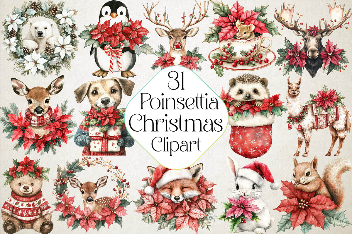 Christmas Animals and Poinsettia Bun, an Illustration by DreamPrint404 (Photo 1 of 5)
