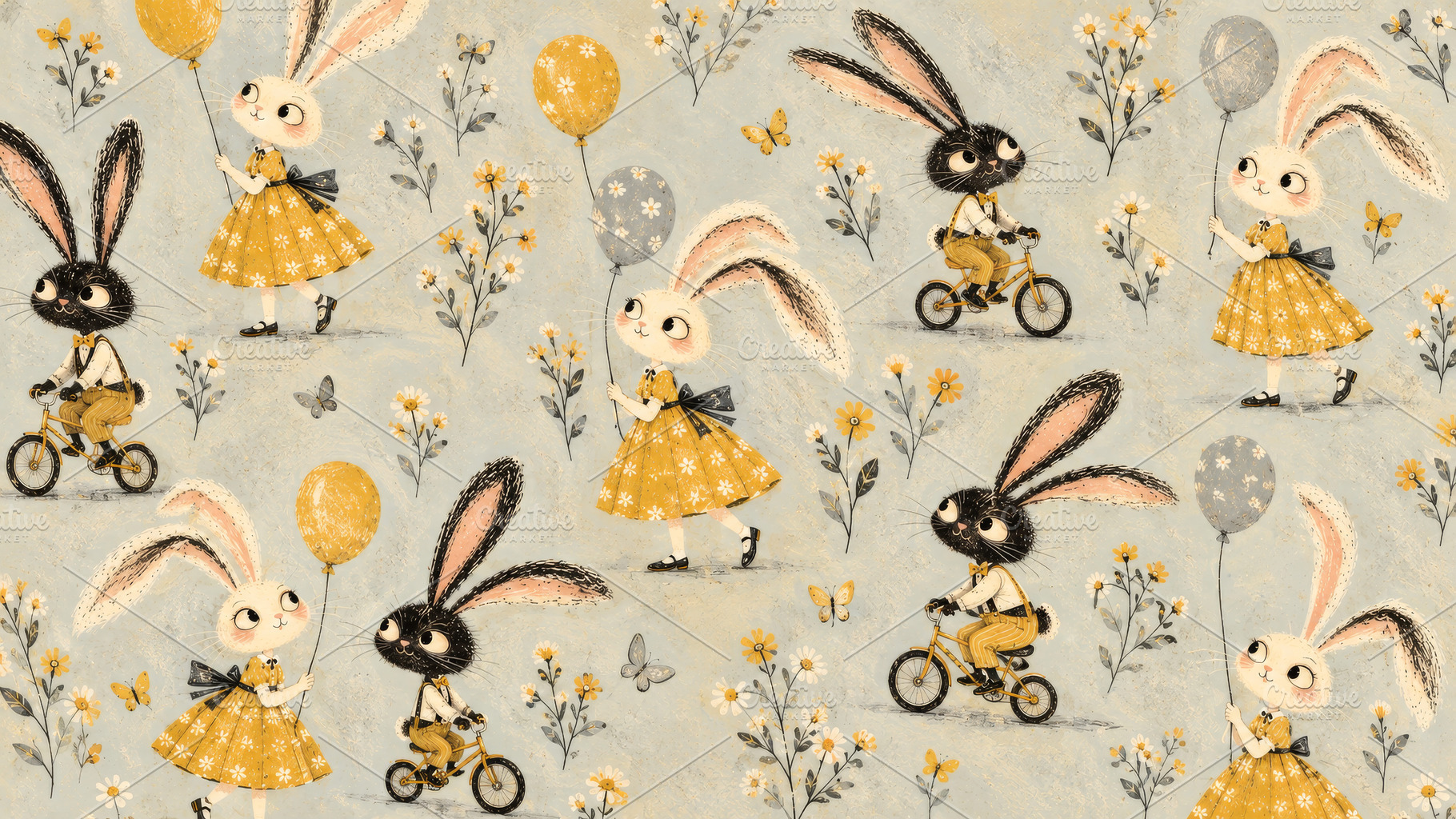 Whimsical pattern of white rabbits in yellow floral dresses hold, an Arts & Entertainment Photo by Imaginarium