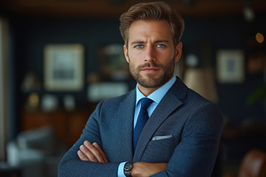 Confident young Caucasian man in a tailored suit poses professionally with a se, a Person Photo by ImageMir