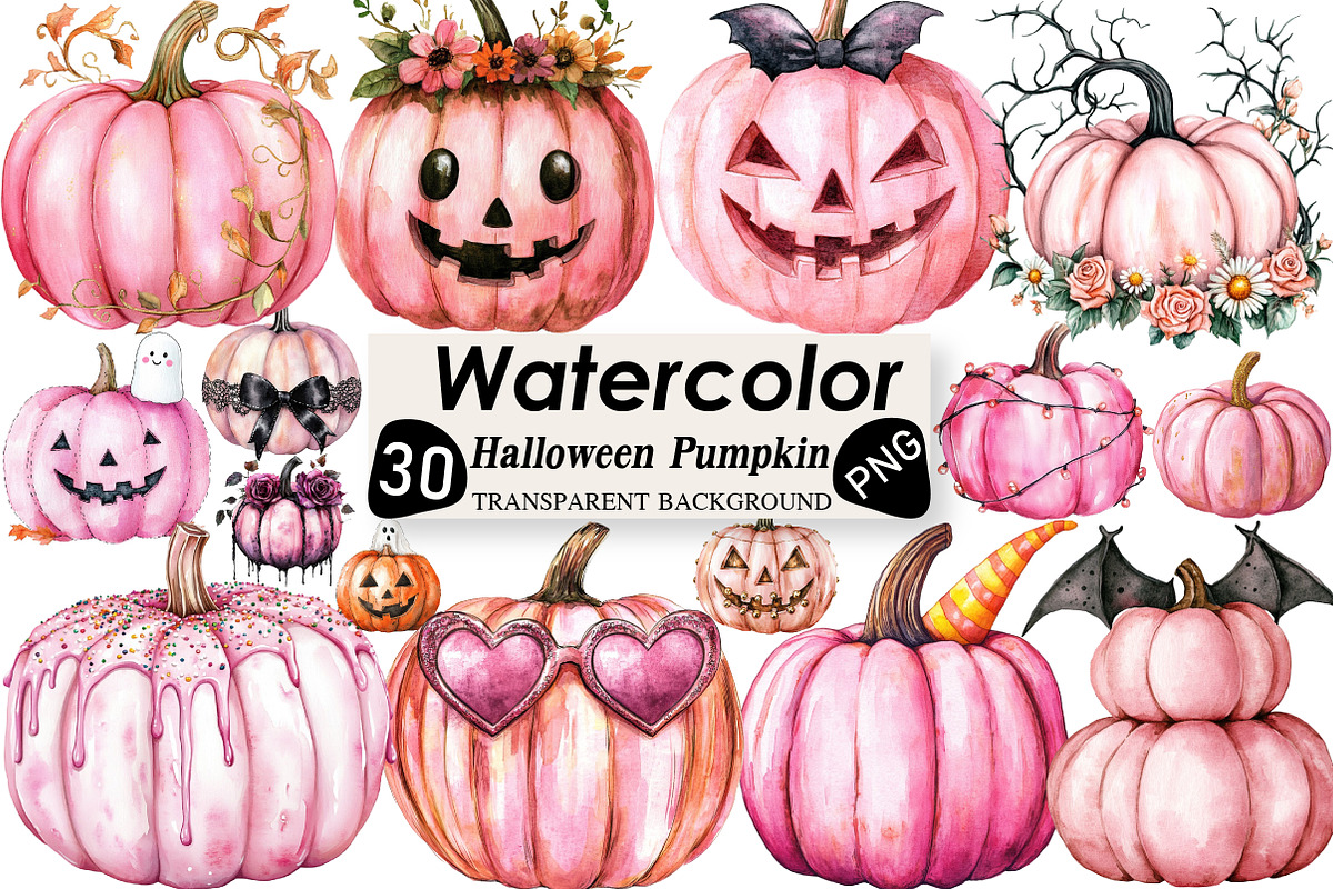 Pink Halloween Pumpkin Clipart, an Illustration by Black Bird Studio (Photo 1 of 6)