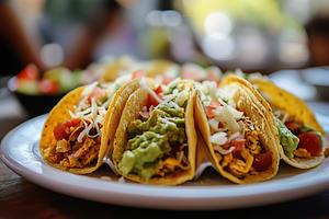 Vegetarian tacos with guacamole, cheese and tomatoes on a plate, a Food & Drink Photo by AlyaAnd