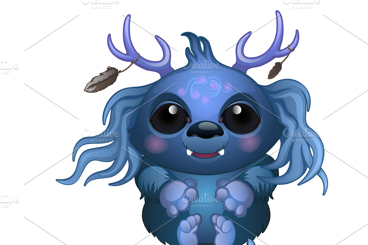 Smiling blue monster with horns, an Animal Illustration by ...