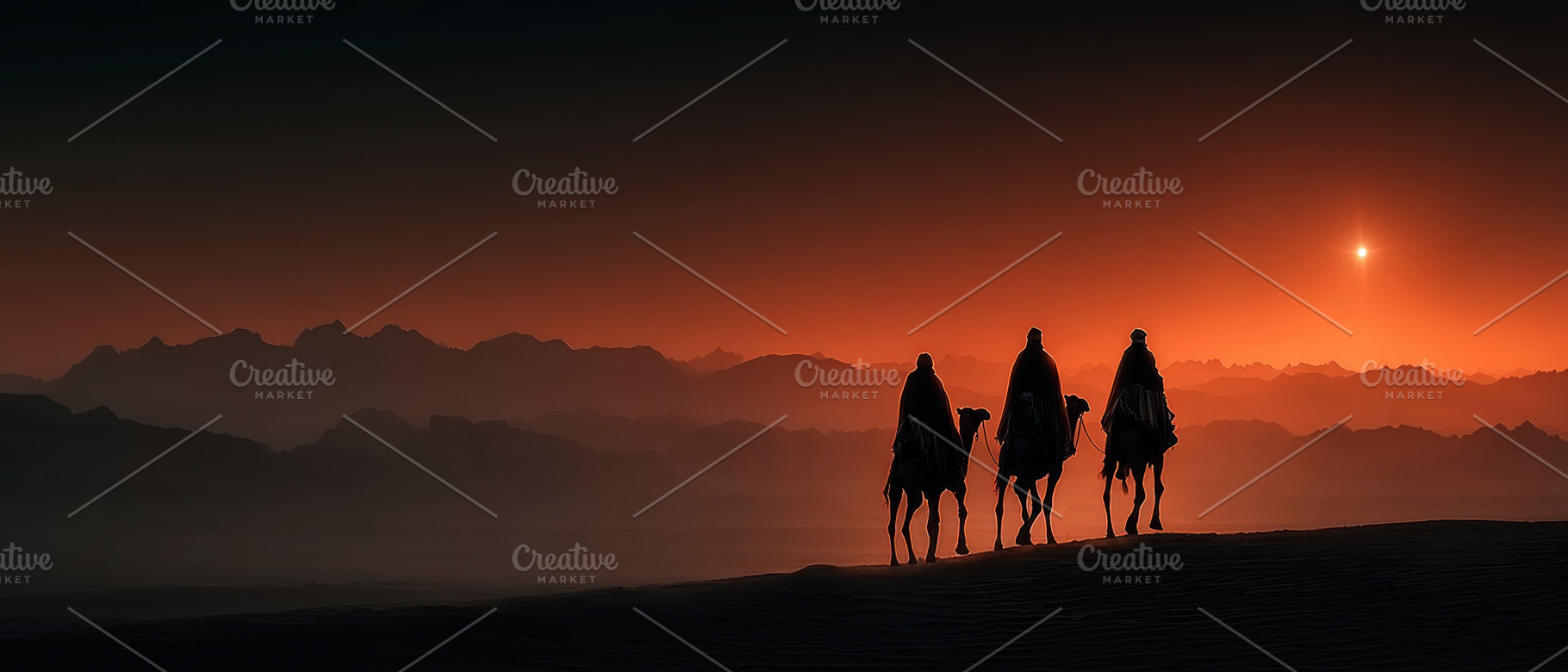 Three wise men on camels silhouetted against desert sunset with, a Holiday Photo by José Manuel Gelpi